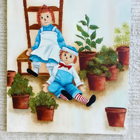 Vintage Raggedy Ann and Andy Large Oil Painting Canvas Initials On Back 18x24” - Picture 3 of 13